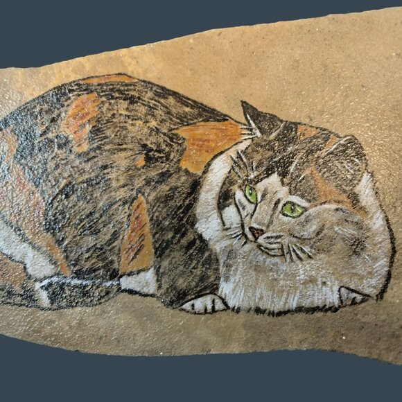 Calico Cat Stone Plaque Unique Art Hand Painted Rustic Wall Hanging Cottage - Picture 2 of 4